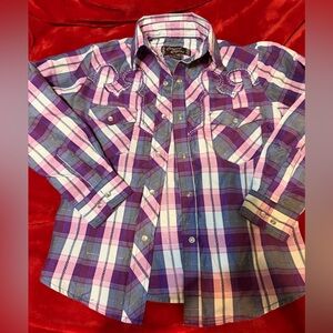 Cowgirl Legend Girls Western Plaid Shirt in Purple and Pink.